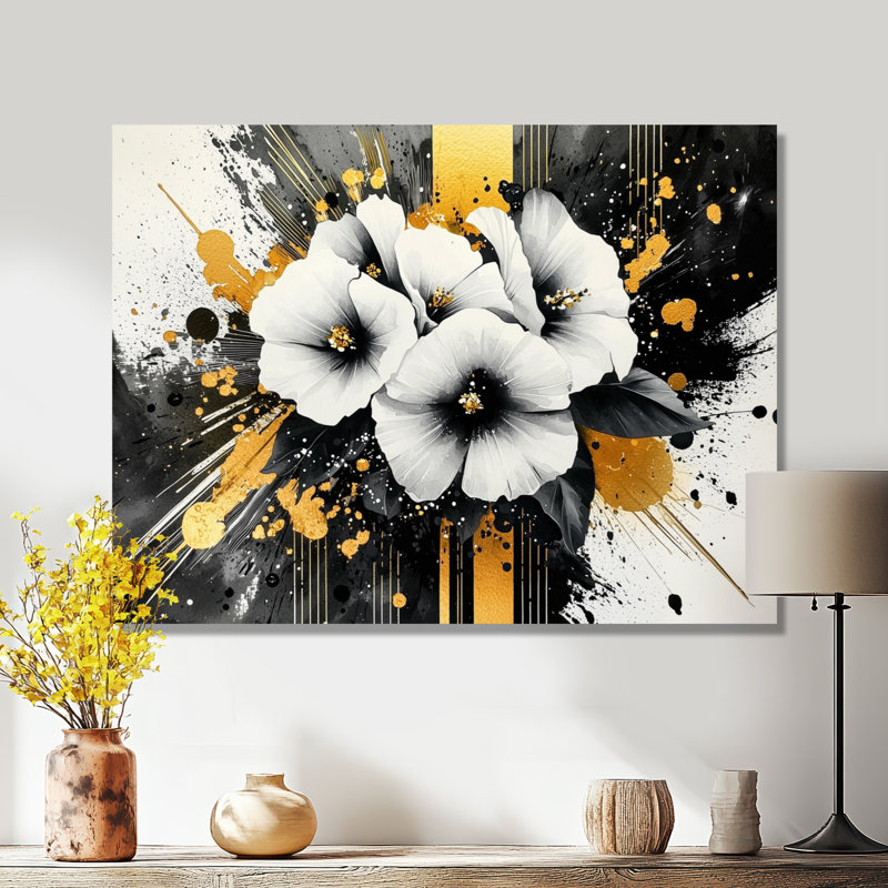 «White and Black Abstract Flowering Botanicals», décoration murale moderne en métal, impression sur métal Botanicals