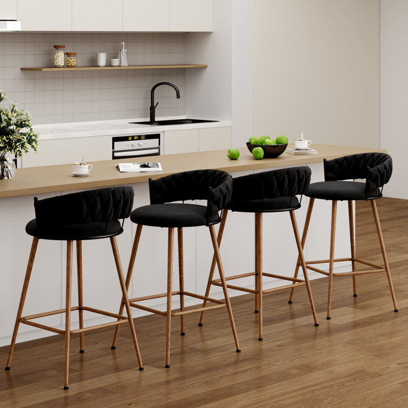 Upholstered Counter Stool With Metal Frame, Black, Bar Stool (30" Seat Height)