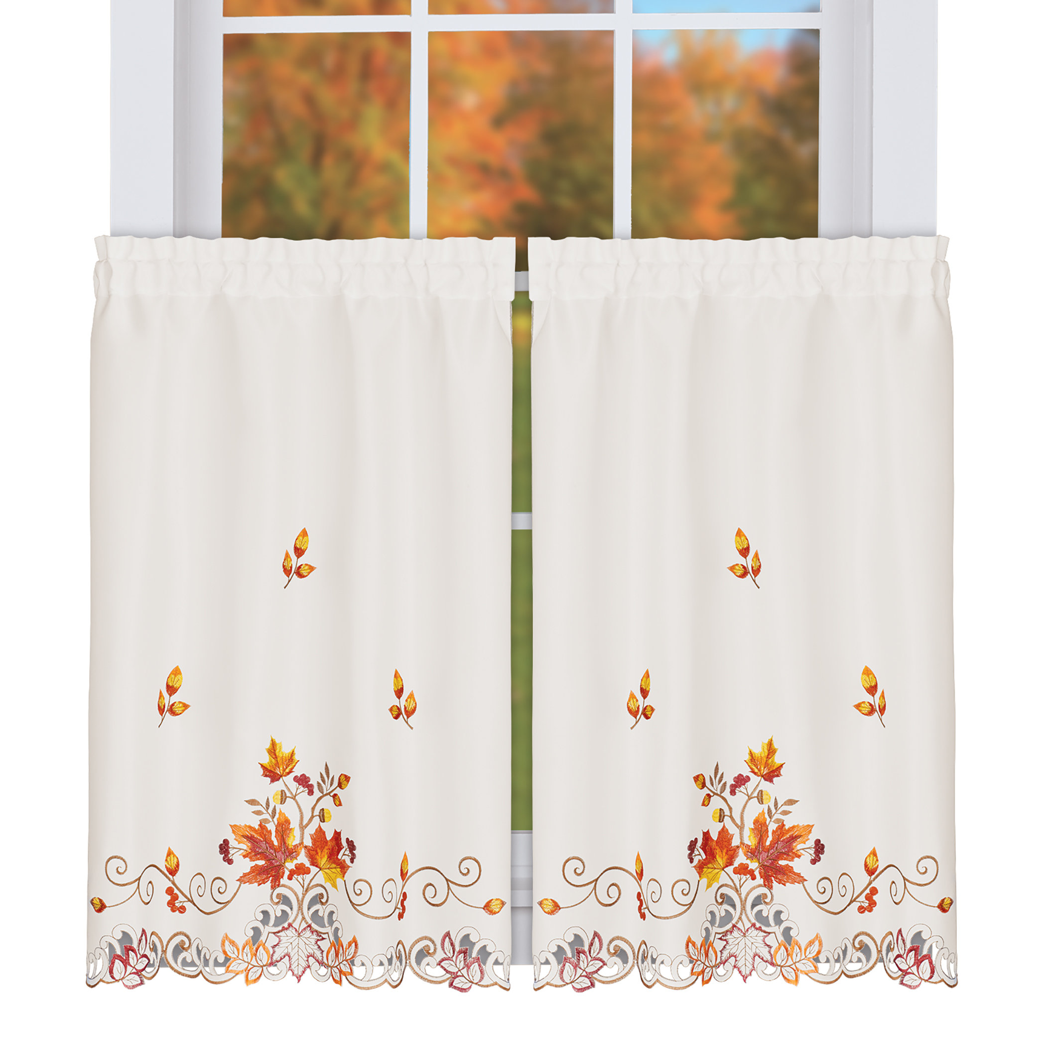 Winston Porter Embroidered Exquisite Fall Leaves Kitchen Curtains | Wayfair