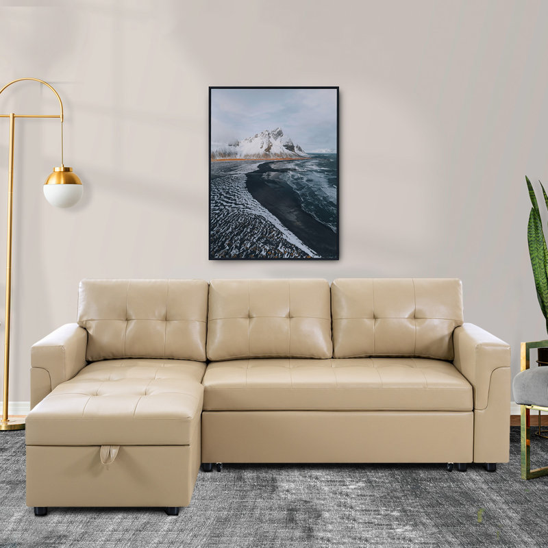 Rahjan L-Shaped Sectional Sleeper Sofa – Reversible Couch with Storage, Beige Faux Leather