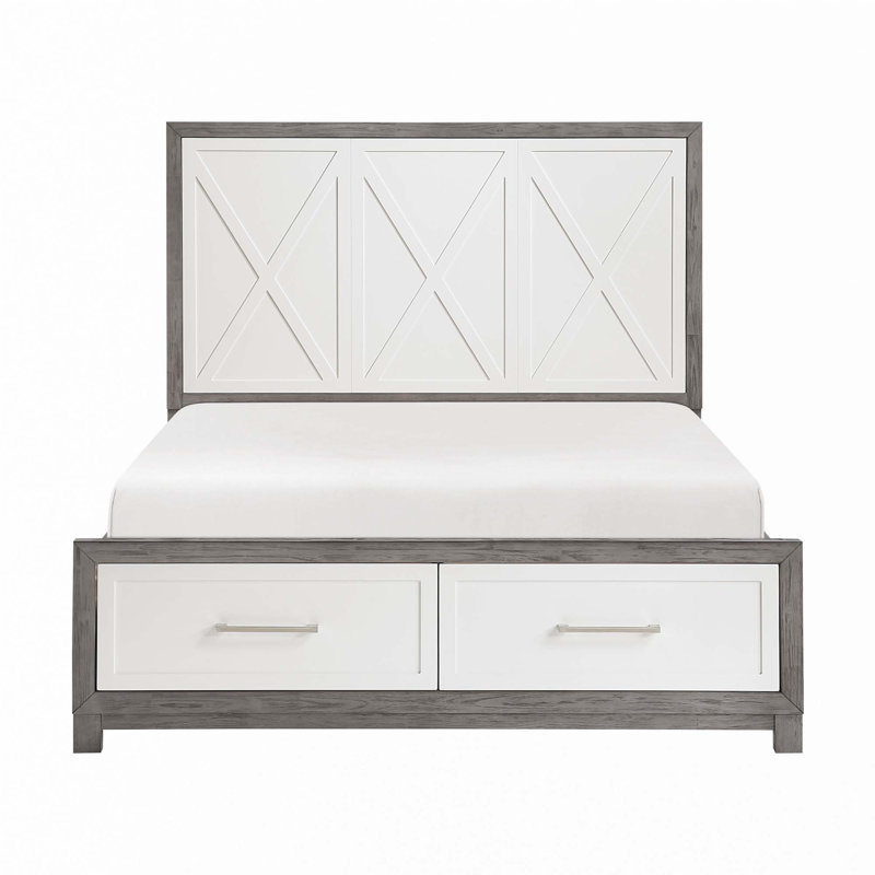 Grand lit plateforme avec rangement au pied de lit, finition ivoire et grise, idéal pour les chambres modernes et peu encombrantes
