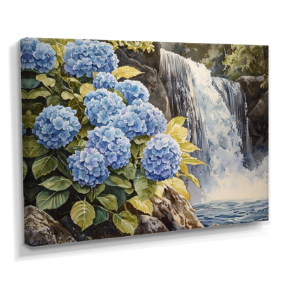 Jaber Hydrangeas By The Waterfall I - Hydrangea Wall Art for Living Room