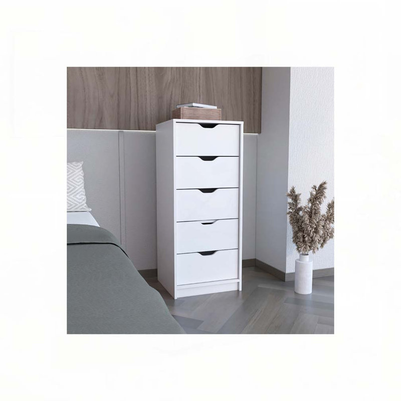 Commode haute 5 tiroirs Basilea, système coulissant - Blanc