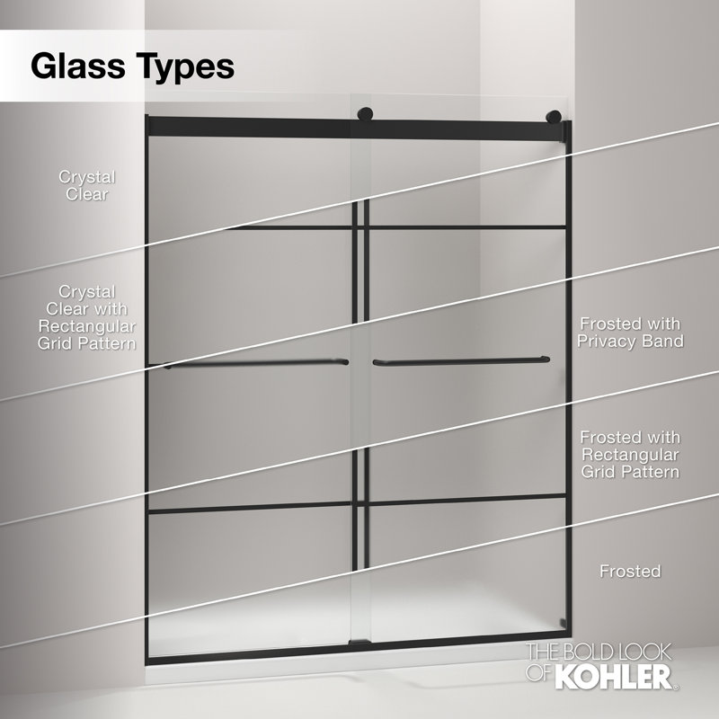 Sliding Shower Door, 75-1/2-In H X 68-1/4 - 71-5/8-In W, Frosted w/Rectangular Grid