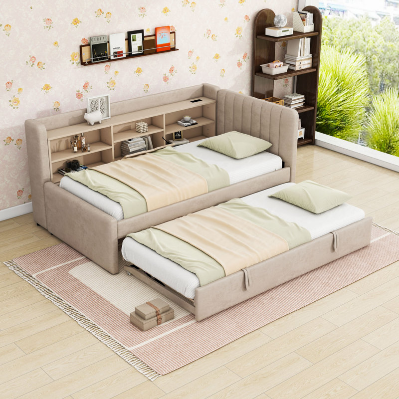 Twin Upholstered Daybed with USB Charging Station and Shelves and Trundle, Beige