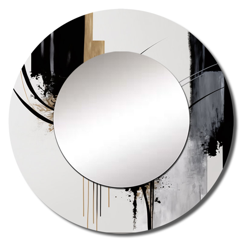 Odunayo noir, blanc et doré Expression II - grand miroir mural abstrait, miroir décoratif rond moderne, impression d'art en métal