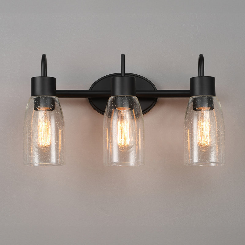 5-Piece All-In-One Matte Black Bathroom Kit With 19" 3-Light Vanity Light And Seeded Glass Shades