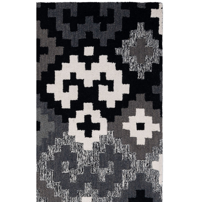 Tapis blanc / gris / noir en laine / coton touffeté à la main Lakeetha, Rectangle 8 pi x 10 pi