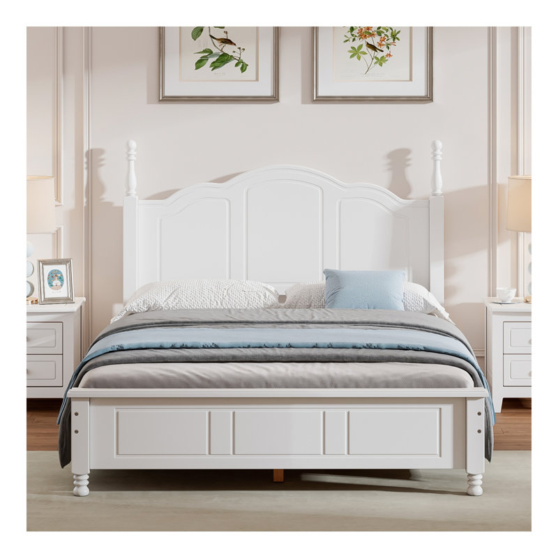 Structure de lit double en bois pleine grandeur, lit plateforme de style rétro avec support en lattes de bois, blanc