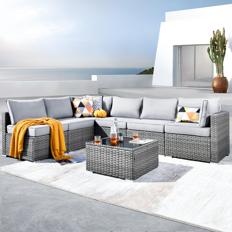 Lava 7 Piece Rattan Sectional Seating Group With Cushions, Light Grey