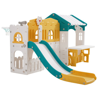 Outdoor Playhouse for Toddlers, Multi-Functional Playground with Slide, Basketball Hoop, Telescope, Steering Wheel, Crawl Tunnel, and Play Window, Designed for Ages 1+, Made of Durable HDPE Plastic