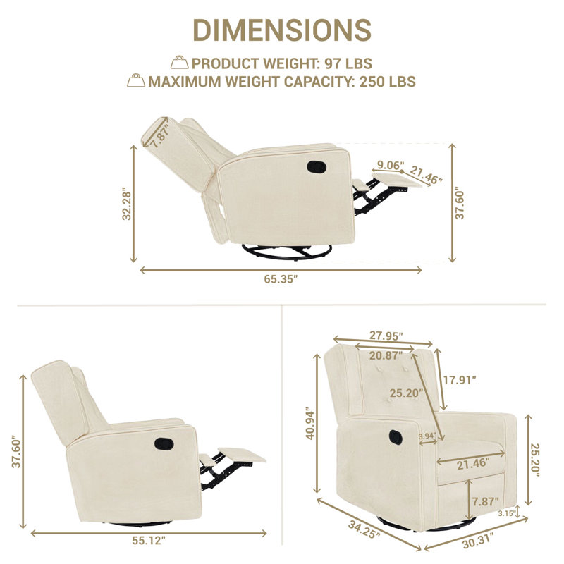 Khyara 30" Wide Contemporary Soft Touch Swivel Rocker Recliner, Manual Recliner Chair, Cream Microfiber