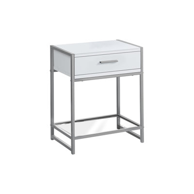 Modern Accent Side Table with Storage Drawer - White Laminate & Grey Metal End Table/Nightstand for Living Room, Bedroom with Tempered Glass Shelf