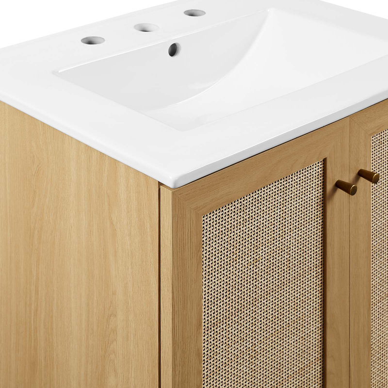 Soma 24" Oak and White Freestanding Bathroom Vanity with Rattan Detail