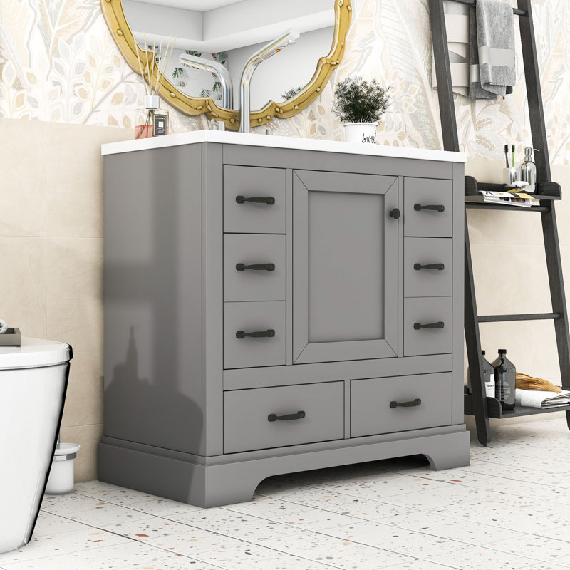 Ensemble de meuble-lavabo avec lavabo, six tiroirs et tablette réglable, Gris