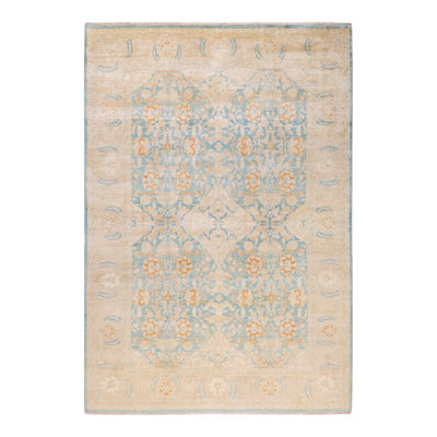 Tapis unique bleu clair / ivoire noué à la main de conception unique 6 pi 3 po x 9 pi Keenan