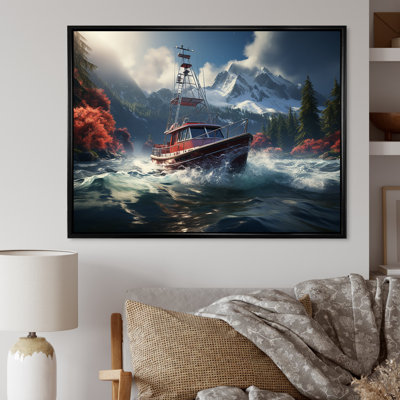 Bateau de pêche rouge et blanc dans une rivière III - Bateau de pêche, art mural