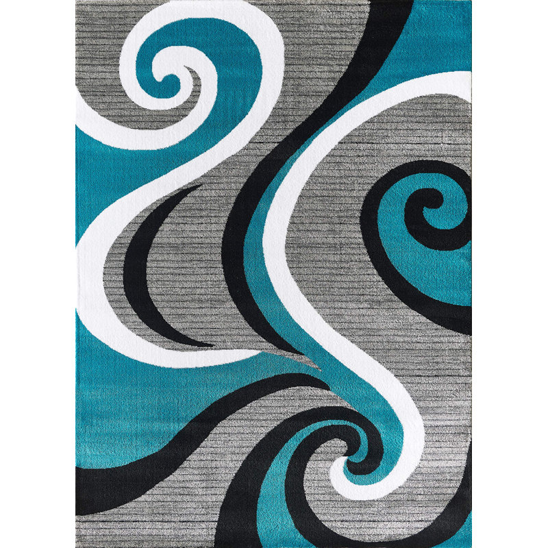 Glory RugsModernArea Rug TurquoiseGreySwirls,ContemporaryDiningAccent,SevillaCollection, Rectangle 5'3" x 7'