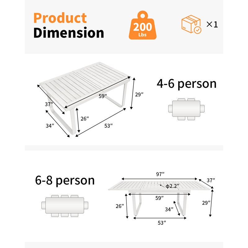 Table de salle à manger extensible pour 8 personnes, table de salle à manger en aluminium Never-Rust, table de salle à manger extensible en forme de X de 59 à 97 po pour terrasse de jardin, repas intérieur ou extérieur, noir