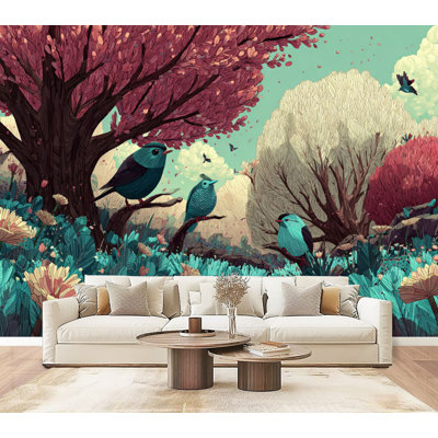 Papier peint adhésif pelez et collez, scène florale ludique, oiseaux doux, lumière ambiante, 69 po x l 96 po, amovible, papier peint mural en PVC, autocollant pour chambre à coucher, salon, bureau à domicile