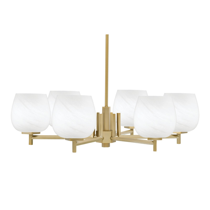 Lustre 6 lumières en verre onyx Mariko, Couleur unie, Blanc, Laiton New Age