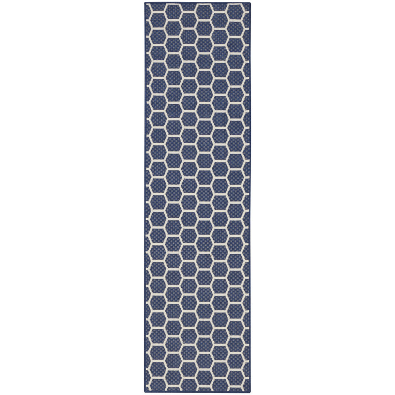 Kurmanbek Geometric Reversible Indoor / Outdoor Area Rug in Navy, Runner 2' x 6'