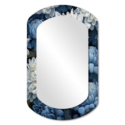 Minimalism Mums In Muted Blue And White II - Mums Cylinder Unique Wall Mirror, Traditional Asymmetrical Mirror, Printed Metal Art