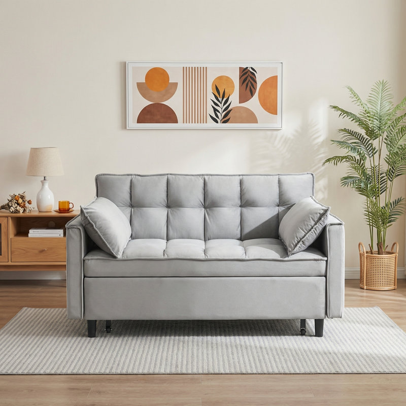 55" Velvet Convertible Sleeper Loveseat, Space-saving Sofa Bed With Tufted Design & Side Pocket, Gray