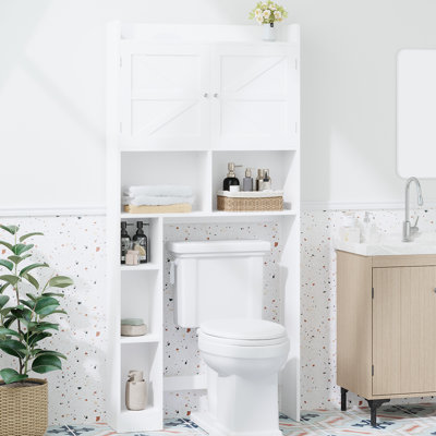Solution de rangement, tablette réglable, portes doubles, tablettes ouvertes, blanc autoportant, support de rangement de toilette autoportant pour salle de bain avec portes et armoire en blanc