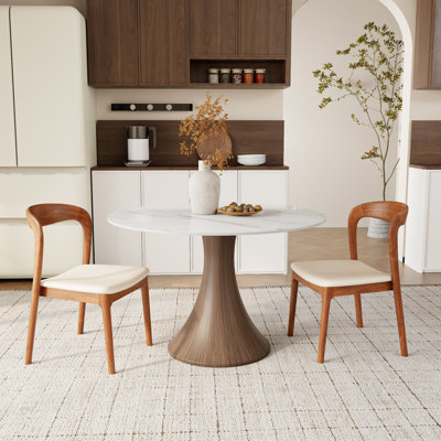 Stone Round Dining Table Set With 2/4/6 Premium Solid Wood Leather Dining Chairs