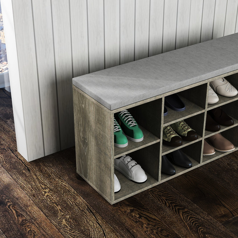 Multifunctional Storage Bench With Removable Cushion And 10 Compartments, Drawer For Pet Leashes, Gray, 40.9L X 19.3H Shoe 9 Storage, Side Compartments Boots, Gray Particle Board, 11.8W