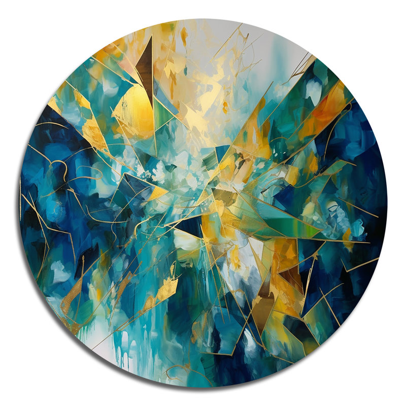 «Golden Explosion Triangles VI», art mural rond abstrait géométrique sur métal, H 29 po x l 29 po x P 1 po