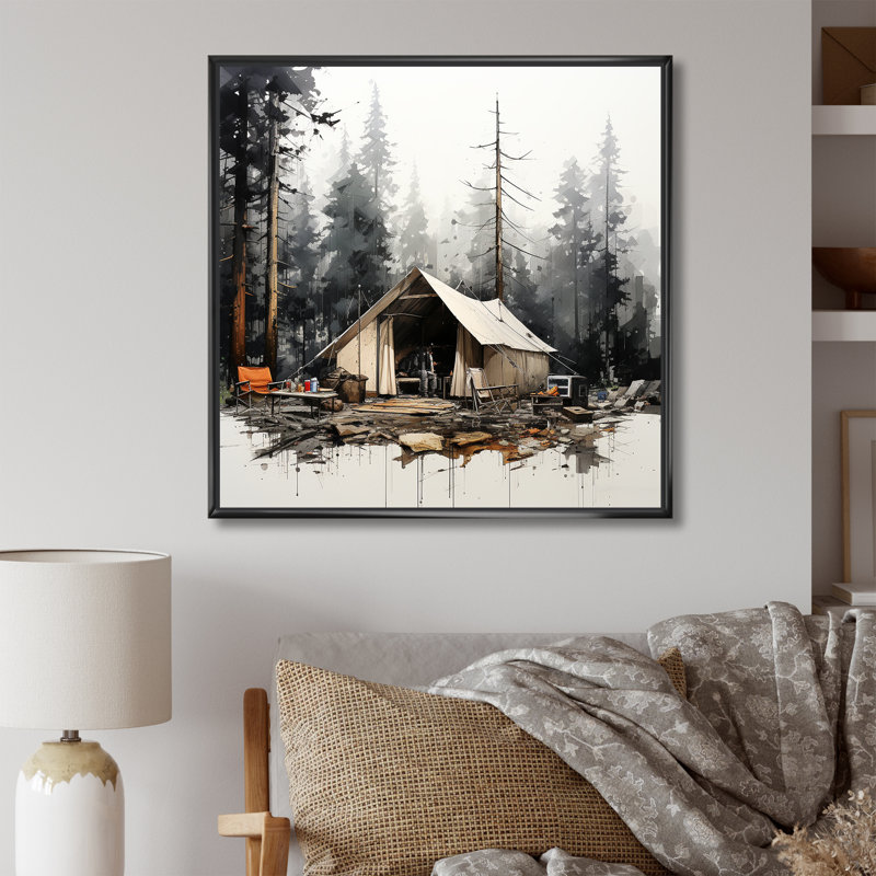 Tente de camping dans un paysage hivernal, H 16 po x l 16 po x P 1 po, Cadre flottant noir