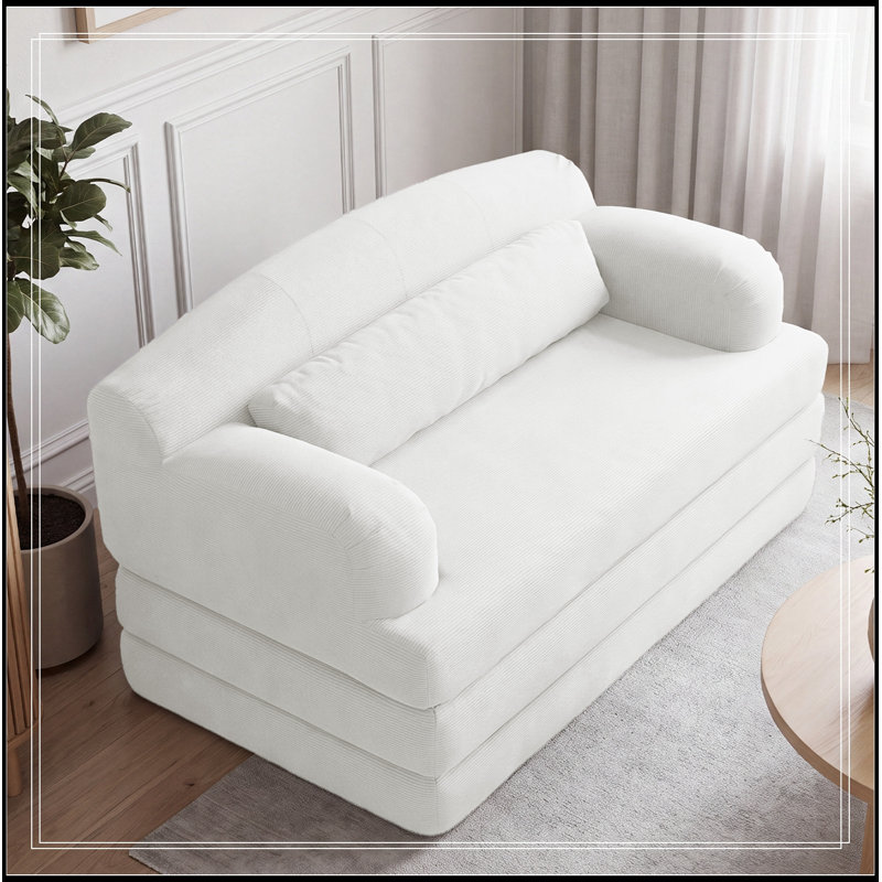Canapé pliable à deux places en velours côtelé avec coussin moelleux, Blanc