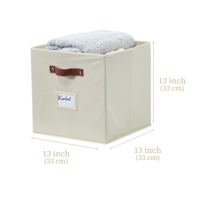 Bacs de rangement | Boîte de rangement en forme de cube avec porte-étiquettes, Beige, 13 po x 13 po x 13 po