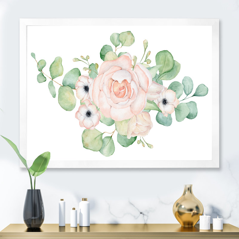 Fleurs et bouquet de feuilles d'eucalyptus II - Peinture sur toile, H 16 po x l 32 po x P 1 po, Cadre photo blanc
