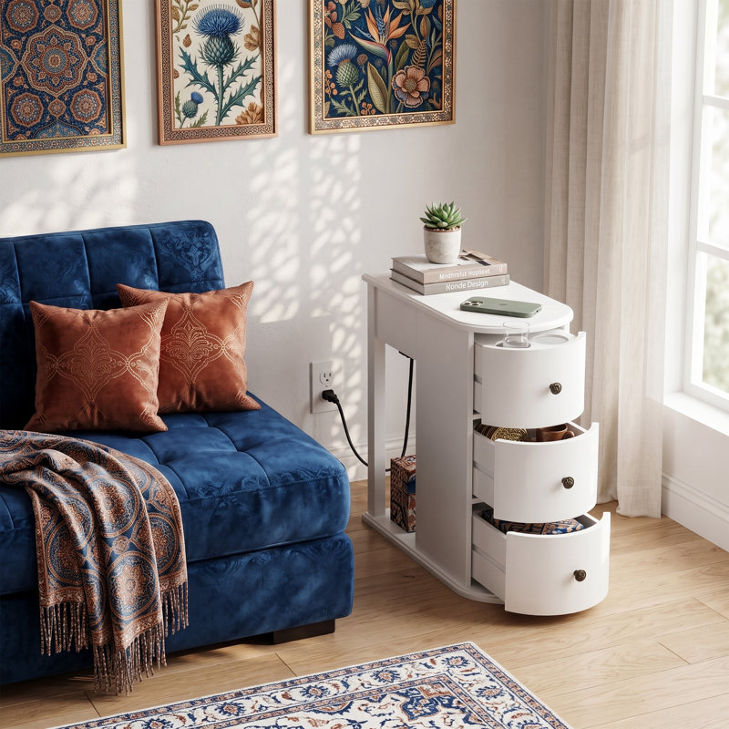 Table de chevet étroite 12 po avec porte-gobelets dissimulés et prises de courant, table de chevet en bois compacte avec table d'appoint coulissante et 2 tiroirs pour la chambre à coucher