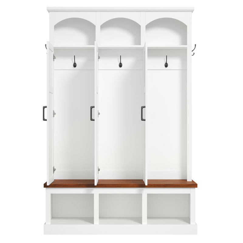 Classic Arched Design Hall Tree with 3 Hidden Storage, Farmhouse Mudroom with Walnut Bench, Mid-Century All-in-One Entryway Organizer with 5 Hooks for Hallway