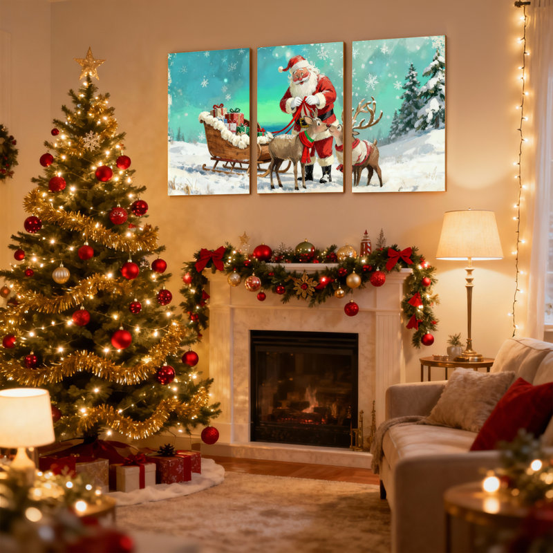 Ensemble de 3 impressions sur toile de Noël, père Noël avec renne et traîneau, H 30 po x l 60 po