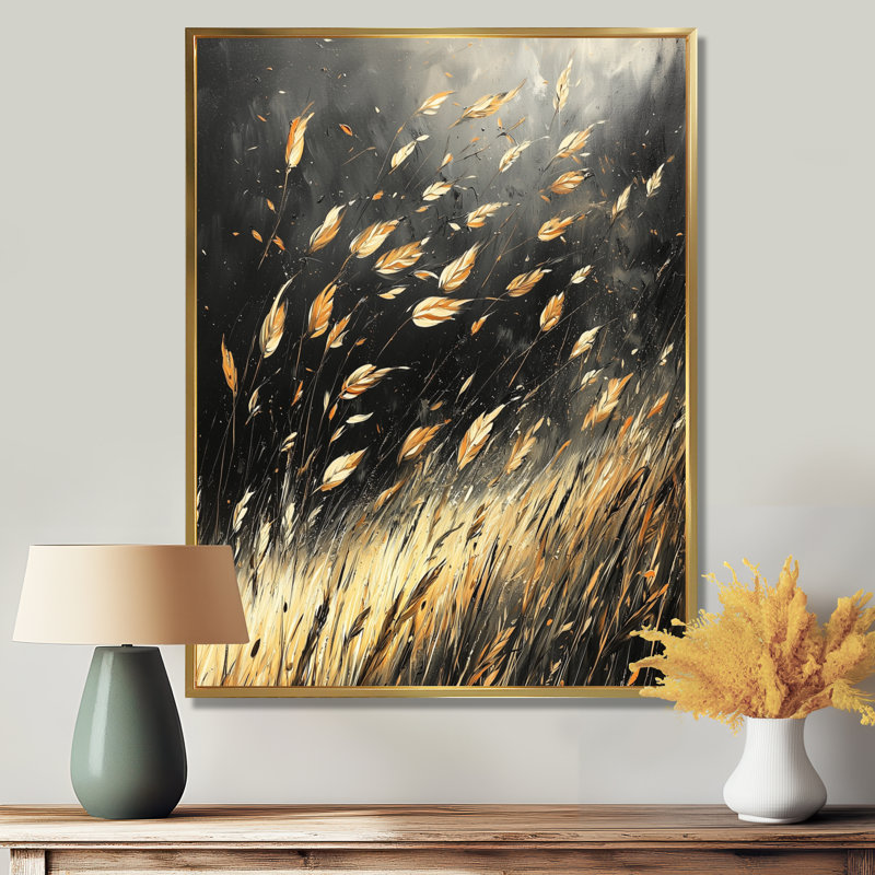 Windy Prairie Leaves II - Meadow, reproduction d'art sur toile, H 40 po x l 30 po, Reproduction avec cadre flottant, Doré