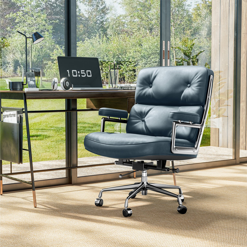 Blue Genuine Leather Executive Office Chair with Aluminum Frame, Blue