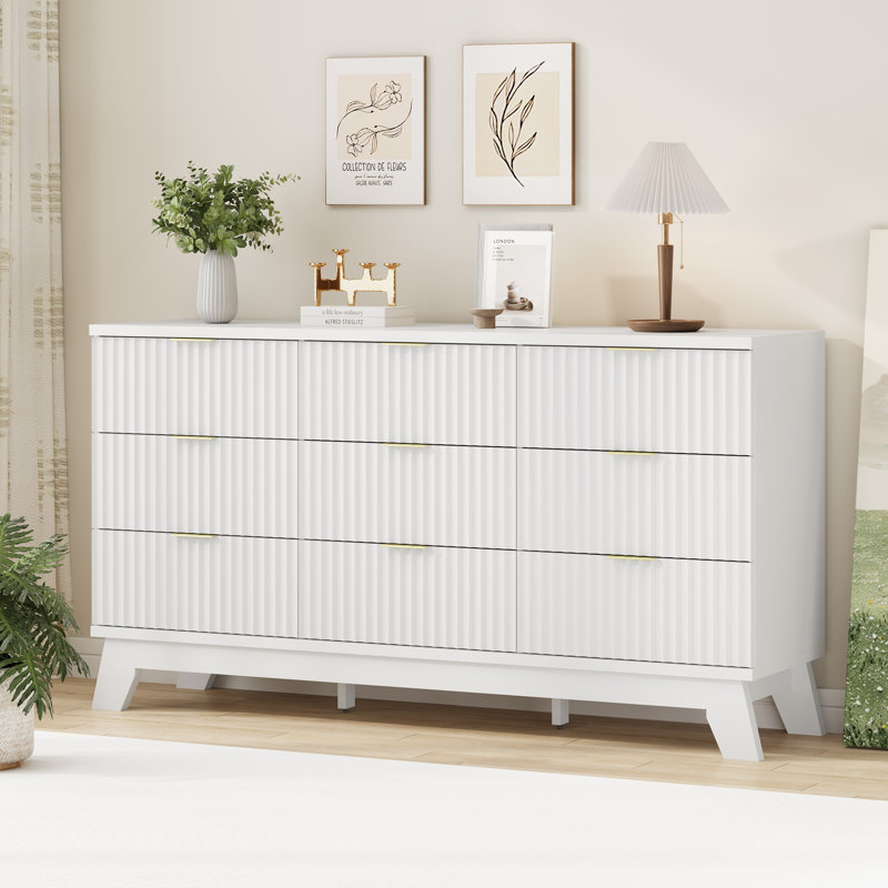 Fluted 9-Drawer Dresser 57''W Wood Wide Chest Of Drawers With Metal Handle,Adjustable Feet, White