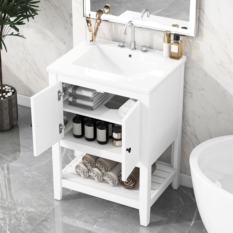 Meuble-lavabo blanc 24 po, lavabo en céramique, bois massif, vaste espace de rangement moderne, grande capacité