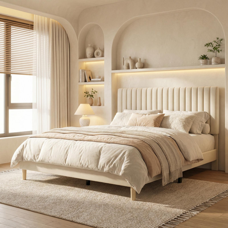 Structure de très grand lit avec tête de lit réglable, structure de lit très grand avec plateforme en velours, capitonnage à rainures verticales, lattes de bois robustes, aucun sommier requis, assemblage facile, beige
