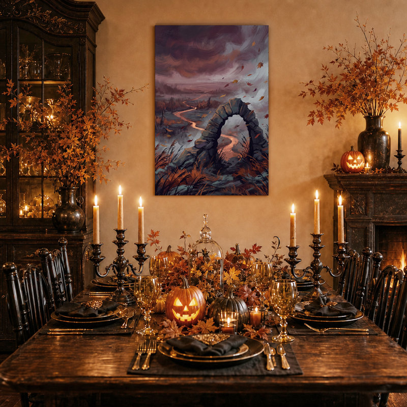 Arche de pierre au-dessus d'une rivière avec des feuilles mortes - Toile murale d'Halloween, 48"H x 32"W