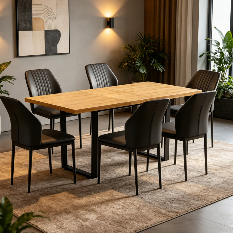 66.9" Butterfly Leaf Pedestal Dining Table Set, Extendable Kitchen Home Table With 6 Dining Chairs, Black