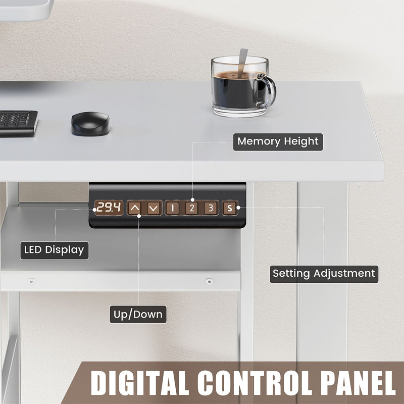 Adjustable Height L-shaped Standing Desk With Led Lights & Power Outlet, With Storage, White