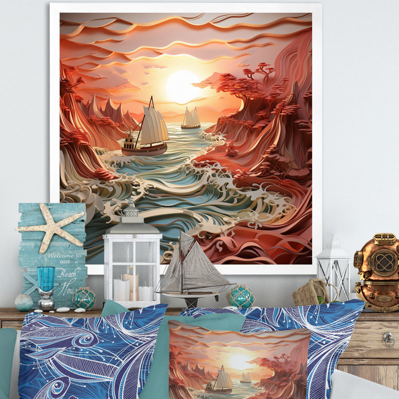 Coastal Tranquillity Papercut II - Nautical & Beach Wall Art Prints, H 16 po x l 16 po x P 1 po, Cadre photo blanc