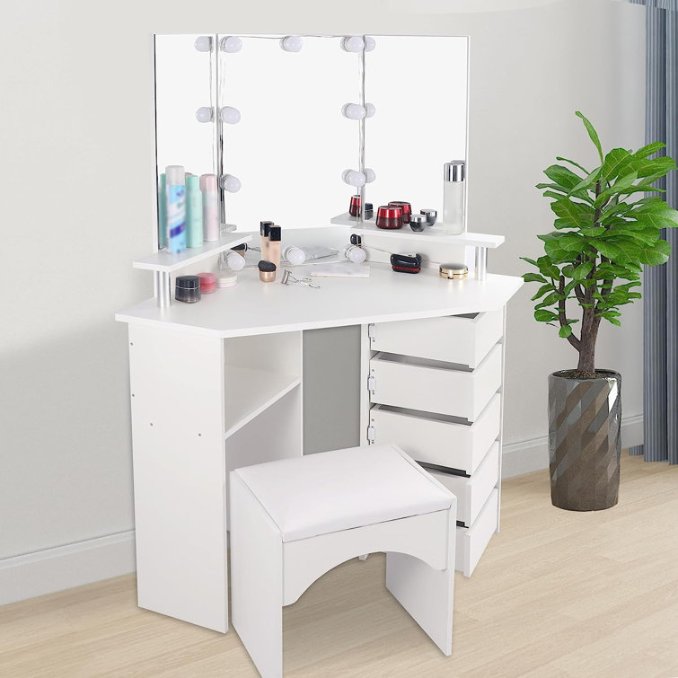 Corner Vanity Desk with Lighted Mirror and Stool