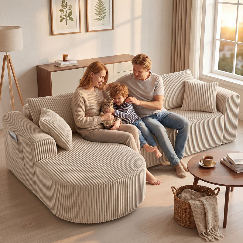 3 Seater Fabric Corner Sectional, Beige, Right